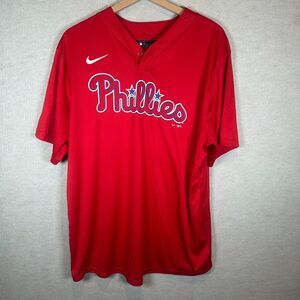 Nike Phillies Jersey Mens Large Red MLB Baseball Button Athletic Dri Fit Shirt
